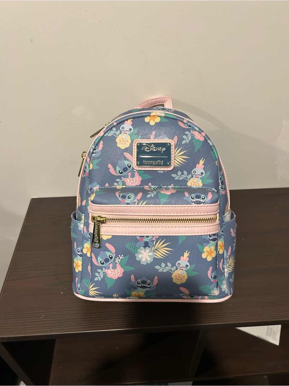 Disney Parks Loungefly Lilo & Stitch Blue Floral Mini Backpack with Pink Trim
